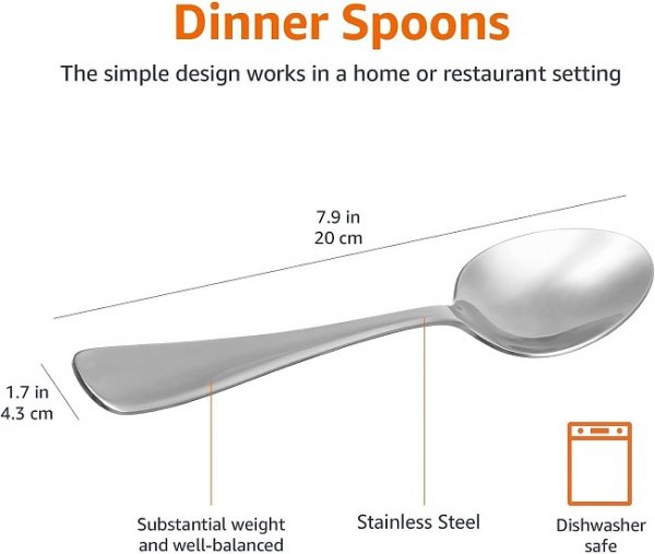 Stainless Steel Dinner Spoons with Round Edge, Pack of 12, Silver