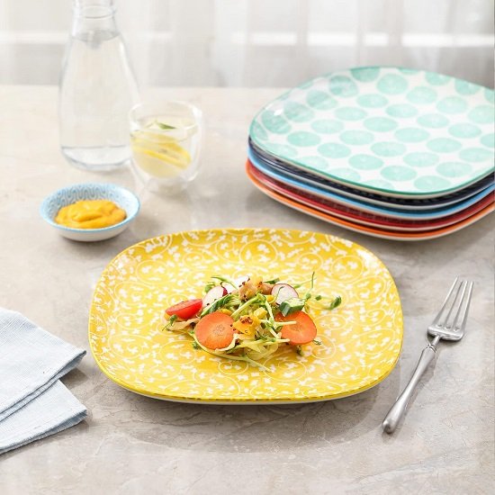 Porcelain Square Dessert Salad Pasta Plates 7.6 inches ceramic plates set of 6 microwave/dishwasher/oven safe, Assorted Colors