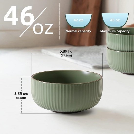 Ceramic Soup Bowls Pasta Salad Cereal Bowls 7 Inch Set of 4, 46oz Large Bowls for Kitchen, Dishwasher Microwave Oven Safe, Noodle Ramen Fruits Oatmeal Rice Green