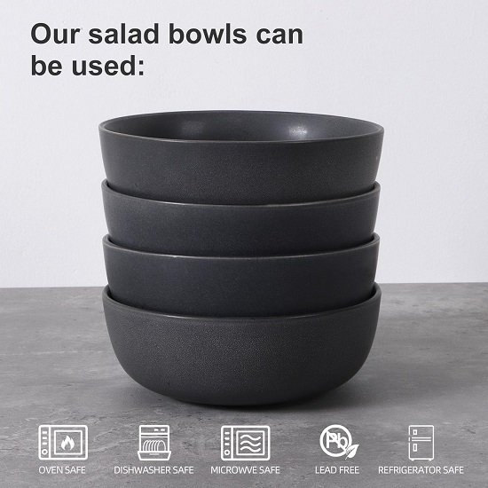 Ceramic Salad Soup Pasta Cereal Bowls 6.5 Inch Stoneware, 27oz Large Bowls Set of 4 for Kitchen, Fruits, Noodle, Salad, Dinner, Oven Microwave Dishwasher Safe Black Gray