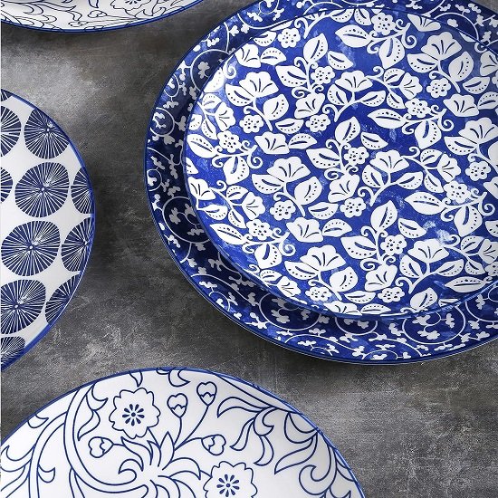 8 inch Porcelain Dinner Plates, Large Size Serving Plate for Salad, Pancakes, Steak, Set of 6, Vintage Blue