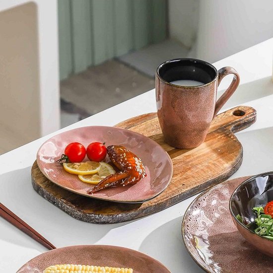 Small Appetizer, Salad Plates, Ceramic Dessert, Snacks Plates - Stoneware Kitchen Serving Side Dishes- Set of 6 (Pink)